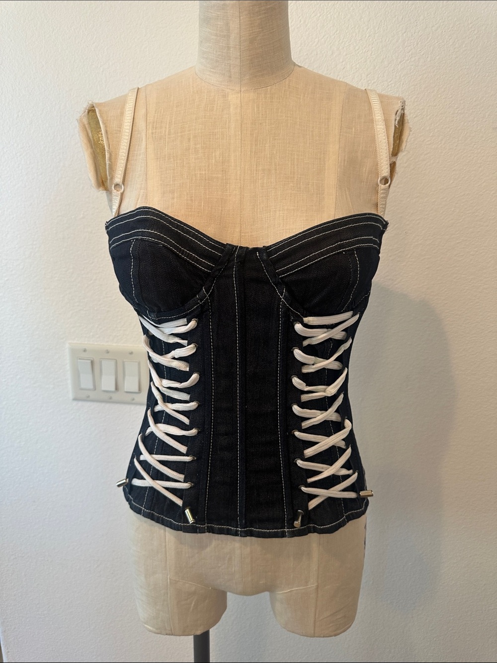 Dolce & Gabbana Black Denim Lace-Up Corset top with strap